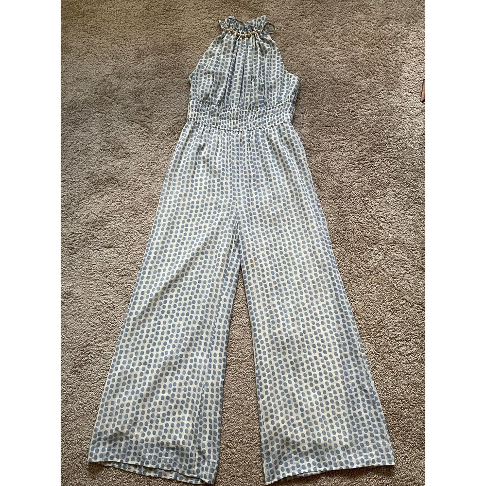 Moon River Jumpsuit Pants Medium Polka Dot Beaded Halter Elastic Flowy sku13